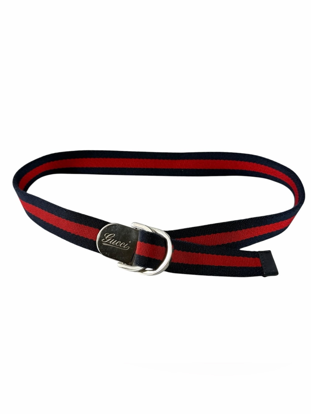 GUCCI Navy and Red Canvas Web D-ring Belt Made in Italy Marked as "M"